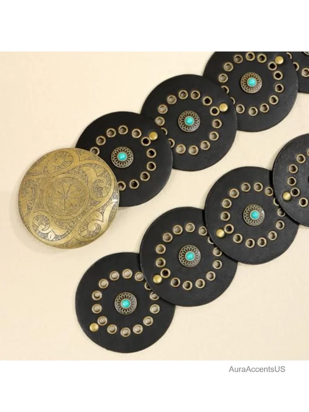 Women's PU Leather Concho Belt with Turquoise Discs - Boho Western Cowgirl
